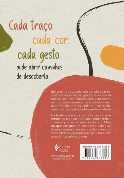 Contracapa de livro com texto em português e formas coloridas abstratas