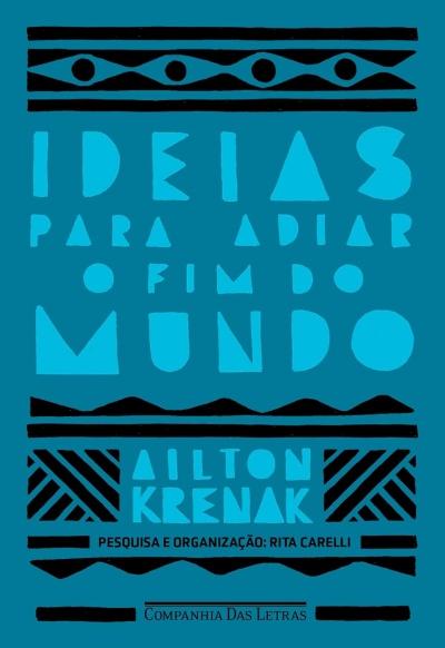 Capa de livro azul com texto em azul claro e preto e padrões decorativos pretos