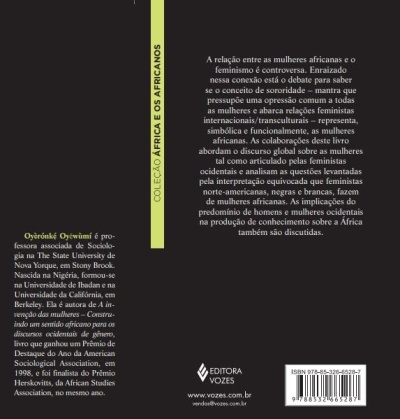 Capa traseira de livro com texto sobre feminismo e mulheres africanas, faixa amarela e código de barras