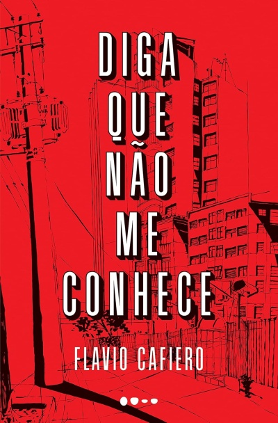 Capa de livro vermelha com desenho urbano a preto e texto branco
