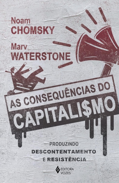 Capa de livro com texto sobre capitalismo e autores, fundo cinza com ilustração de megafone e pessoas caindo.