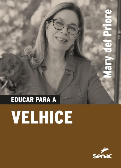 Mulher com óculos de armação padrão tartaruga e camisa com botões ao lado do texto EDUCAR PARA A VELHICE.