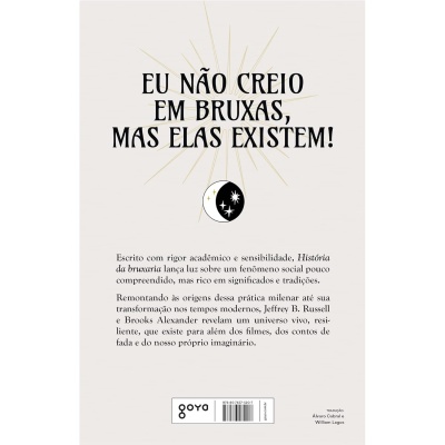 Parte traseira de livro com texto em português e ilustração de lua crescente