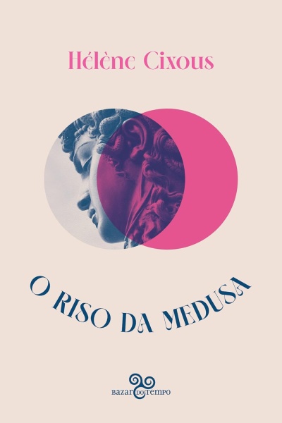 Capa do livro O RISO DA MEDUSA com círculos azul e rosa e texto