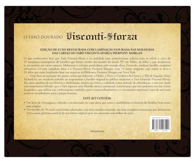Parte traseira da embalagem do kit Tarô Visconti-Sforza com texto explicativo em português e código de barras