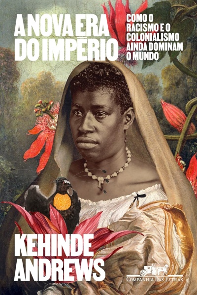 Capa de livro com mulher negra em tecido branco e dourado, flores vermelhas e pássaro preto e laranja, texto branco