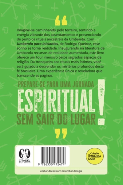 Contracapa de livro verde com texto em português sobre espiritualidade na Umbanda e logos editoriais