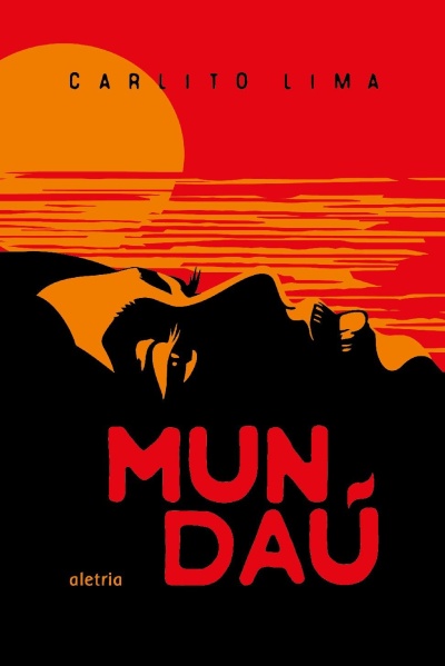 Capa de livro Mundaú com rosto em perfil, sol laranja, texto e elementos gráficos em vermelho, preto e laranja