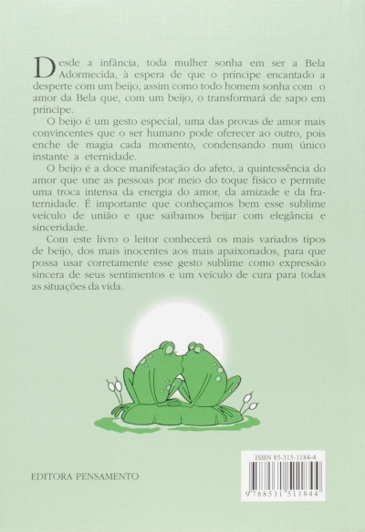 Contracapa de livro com texto, ilustração de dois sapos verdes a beijar-se e código ISBN.