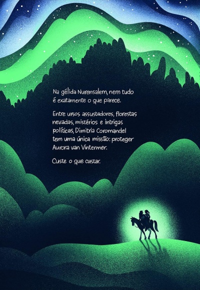 Ilustração noturna com montanhas verdes, aurora boreal e duas pessoas a cavalo