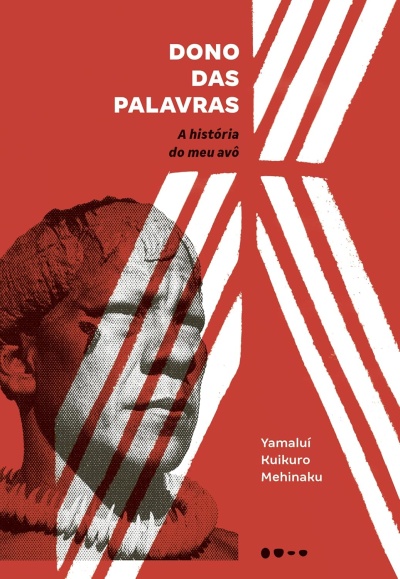 Capa de livro com texto e retrato em fundo vermelho e branco