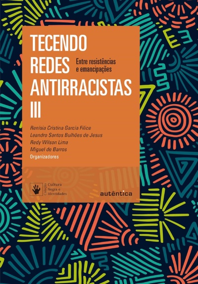 Capa de livro com padrão colorido e texto em laranja