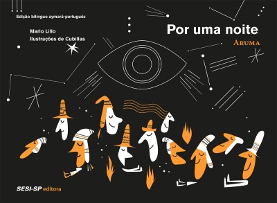Capa de livro preta com desenhos brancos e laranja de pessoas e estrelas, com título e autores em texto branco e laranja