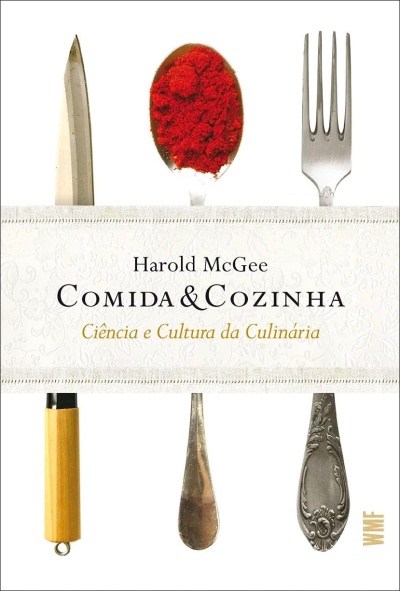 Capa do livro Comida & Cozinha de Harold McGee com talheres e alimentos