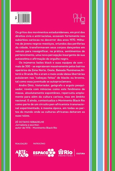 Contracapa de livro rosa com texto branco e faixas verticais coloridas