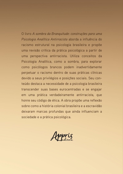 Texto sobre livro A sombra da Branquitude e logotipo Appris Editora em fundo castanho claro