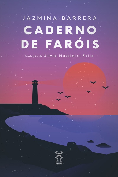 Capa de livro com farol, mar e pôr do sol em tons roxos, azuis e laranja