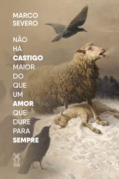 Capa de livro com ovelha, cordeiro e corvos em fundo cinzento com texto em branco