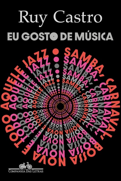 Capa de livro com texto e espiral de palavras relacionadas à música em várias cores sobre fundo preto.
