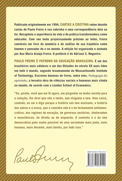 Parte traseira do livro com texto sobre Paulo Freire, fundo amarelo claro e margens castanhas, código de barras e assinatura.