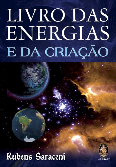Capa do livro Livro das Energias e da Criação com imagens espaciais e texto em português.