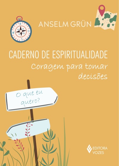 Capa de livro amarelo com bússola, mapa e sinais de madeira e texto em português.