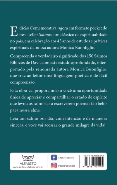 Parte de trás do livro Salmos com texto em português e logo da editora ALFABETO