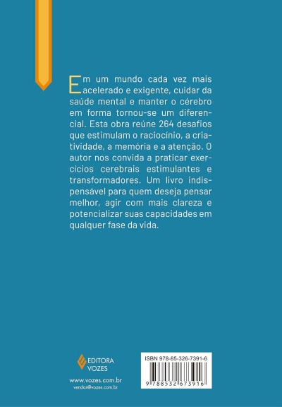 Contracapa de livro azul com texto em branco e amarelo e código de barras