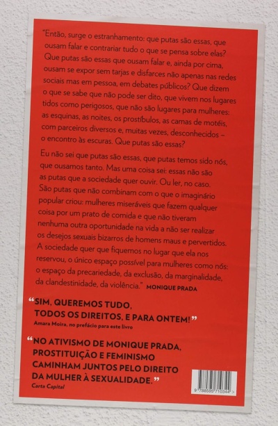 Verso de livro com texto em português sobre direitos das mulheres, prostituição e feminismo em fundo vermelho