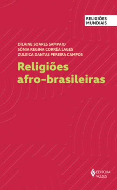 Capa de livro vermelho com texto amarelo e branco sobre religiões afro-brasileiras