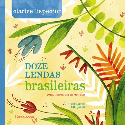Capa de livro com ilustrações de folhas e flores coloridas e texto em várias cores.