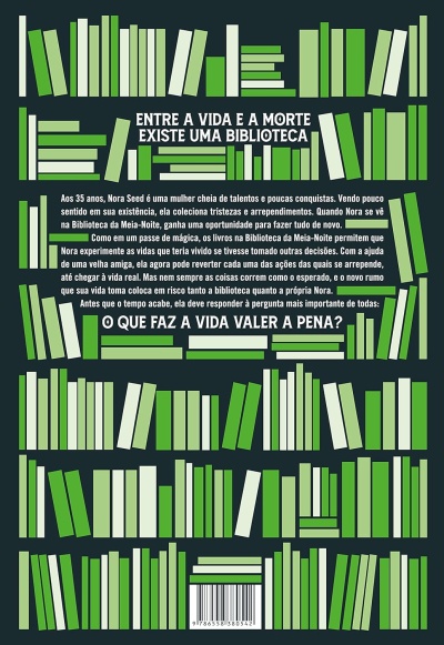 Capa de livro com ilustrações de livros em verde e branco e texto em português centralizado