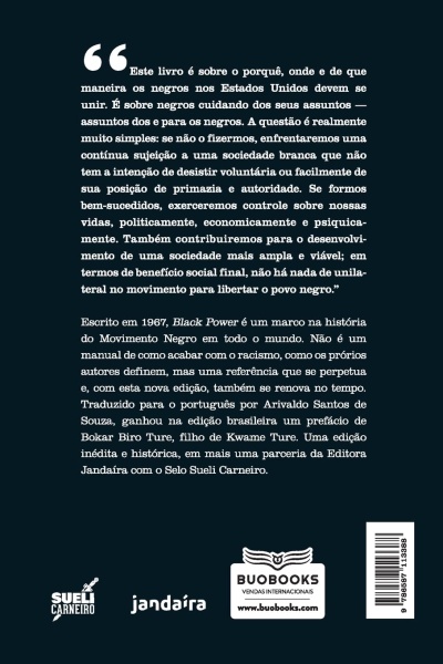 Contracapa de livro com texto em português, fundo azul escuro e logos das editoras e código de barras