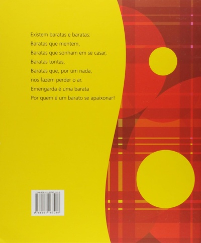 Parte de trás de um livro amarelo e vermelho com texto e código de barras