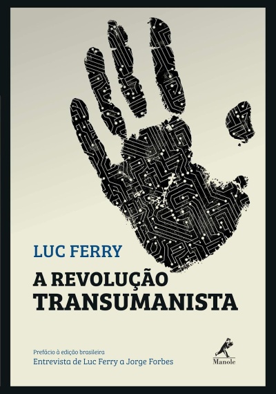 Capa de livro com uma mão digital preta de circuito eletrônico e texto sobre transumanismo