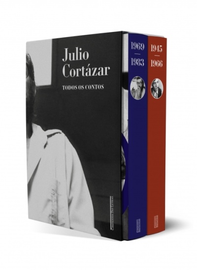 Conjunto de livros de Julio Cortázar com capas em preto, azul e castanho e fotografias a preto e branco.