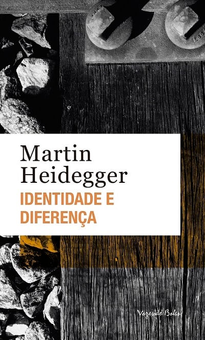 Capa de livro Martin Heidegger Identidade e Diferença com madeira e pedras.