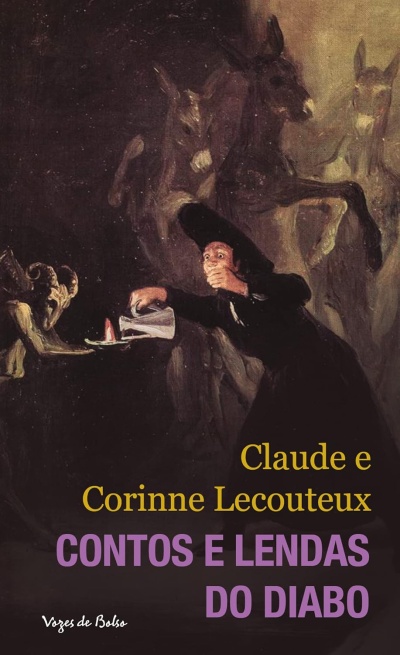 Capa de livro com ilustração de figura humana rodeada por demónios e cavalos, texto sobreposto em amarelo e roxo