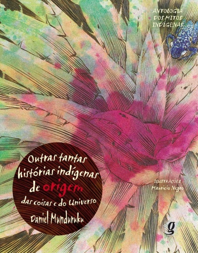 Capa de livro com ilustração colorida abstrata e texto em português sobre histórias indígenas.