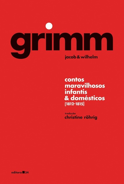 Capa de livro vermelha com texto preto e branco de contos de Grimm.
