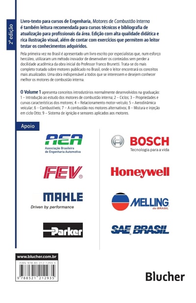 Contracapa de livro técnico sobre motores de combustão interna com texto, logos de patrocinadores e código ISBN.