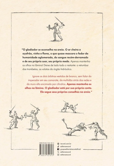 Verso de livro com texto sobre gladiadores e ilustrações em negro de figuras medievais com espadas e leões.