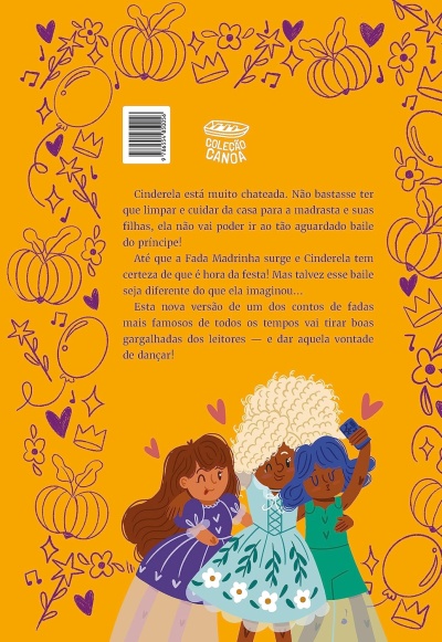 Capa traseira laranja de livro com texto em português e ilustrações coloridas de três personagens femininas e desenhos decorativos roxos