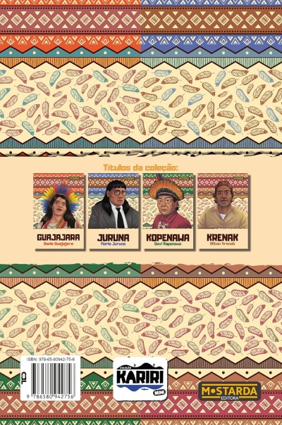 Capa traseira de coleção Kariri Mini com padrões tribais e ilustrações de quatro personagens indígenas.