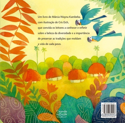 Capa traseira de livro ilustrada com folhas, casas e pássaros, texto em português