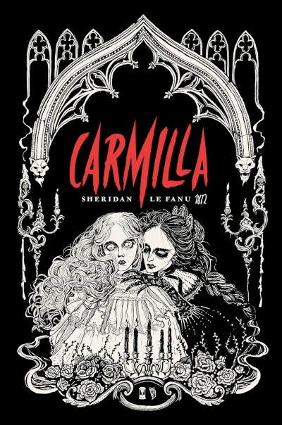 Cartaz gótico preto e branco com título Carmilla em vermelho e duas mulheres ilustradas