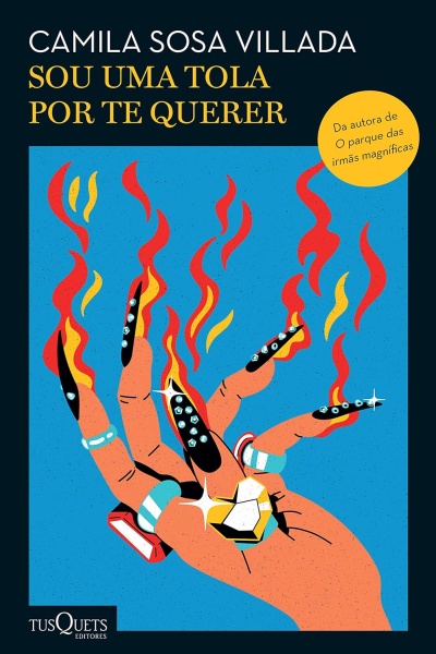 Capa de livro com mão ilustrada, unhas pretas com diamantes, fogo saindo das unhas e texto do título