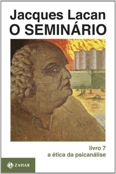 Capa do livro O SEMINÁRIO de Jacques Lacan com ilustração de cabeça esculpida e castelo em chamas.