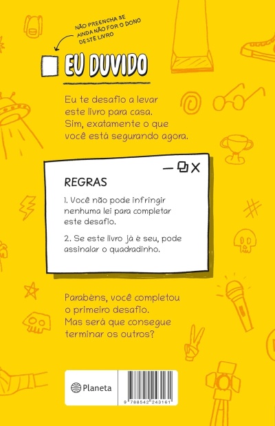Contracapa de livro amarelo com texto de desafio e regras em português