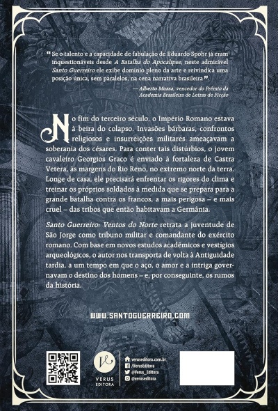 Contra-capa azul escura texturizada de um livro com texto, código QR e logotipo da editora Verus.